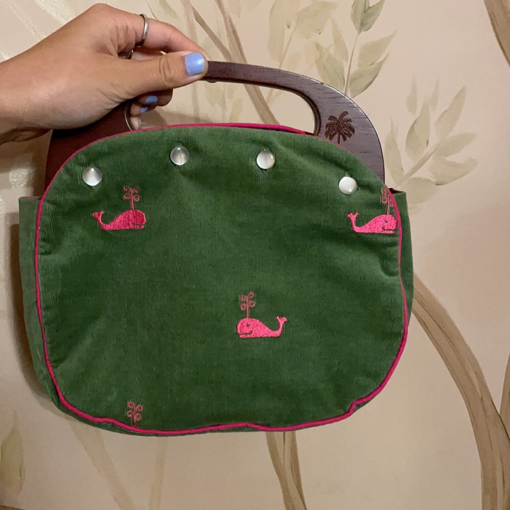 newVintage LILLY PULITZER reversible wood handle BERMUDA Whales pink green plaid